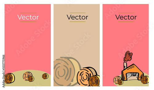Ranch field rural countryside sketch vector set of illustrations. Farm haystack hand drawn vertical background