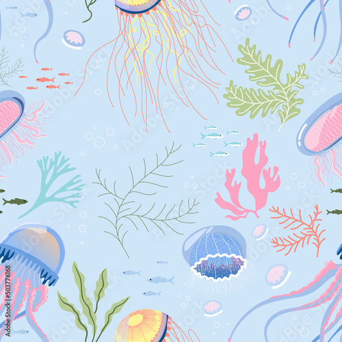 Seamless pattern with jellyfishes and seaweeds