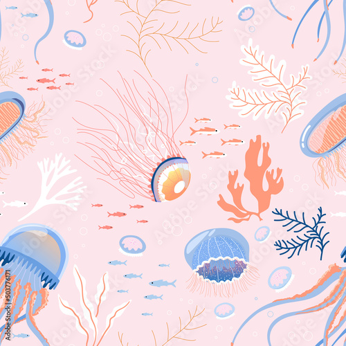 Seamless pattern with jellyfishes and seaweeds