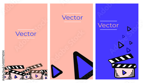 Film clapper with play buttons sketch vector set of illustrations. Media production hand drawn vertical background