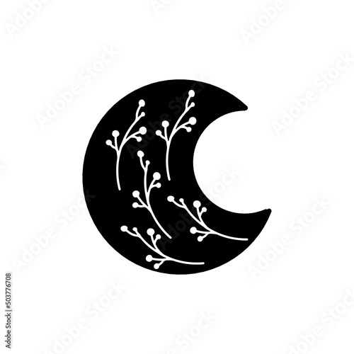 Flower moon phase symbol. Beauty black moon tattoo design. Celestial crescent isolated Astrology girl crescent.