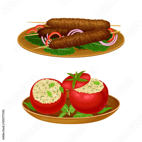 Stuffed with Rice Tomato and Skewered Kofta or Meatloaf as Egyptian Dish Vector Illustration Set