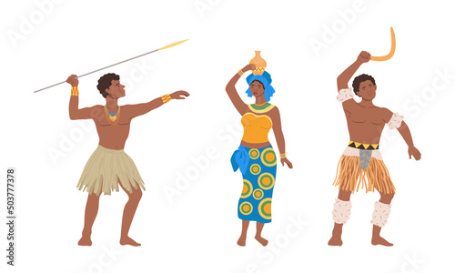 Barefoot African Aboriginal Man and Woman Character Dressed in Traditional Tribal Clothing with Spear and Carrying Vase Vector Illustration Set