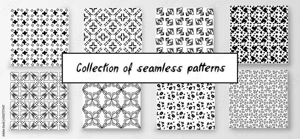 Set collection of seamless abstract geometric hand-drawn patterns. Modern creative background