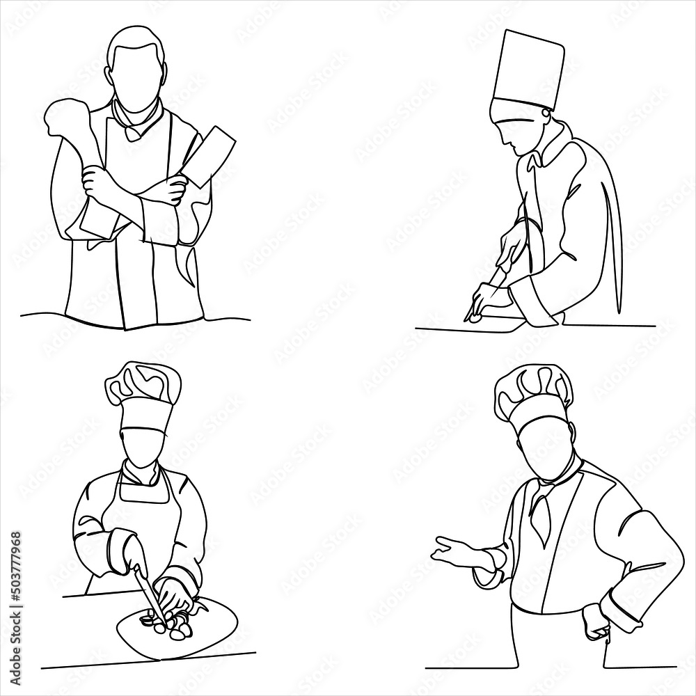 Set of creative templates of continuous line drawings of chef, toque chef hats isolated on white background. The chefs are holding a plate with a place to eat. One line chef vector Set of creative templates of continuous line drawings of chef, toque chef hats isolated on white background. The chefs are holding a plate with a place to eat. One line chef vector