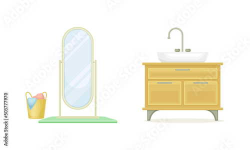 White Bathroom Sink Basin with Tap and Glass Mirror Stand Isolated on White Background Vector Illustration Set
