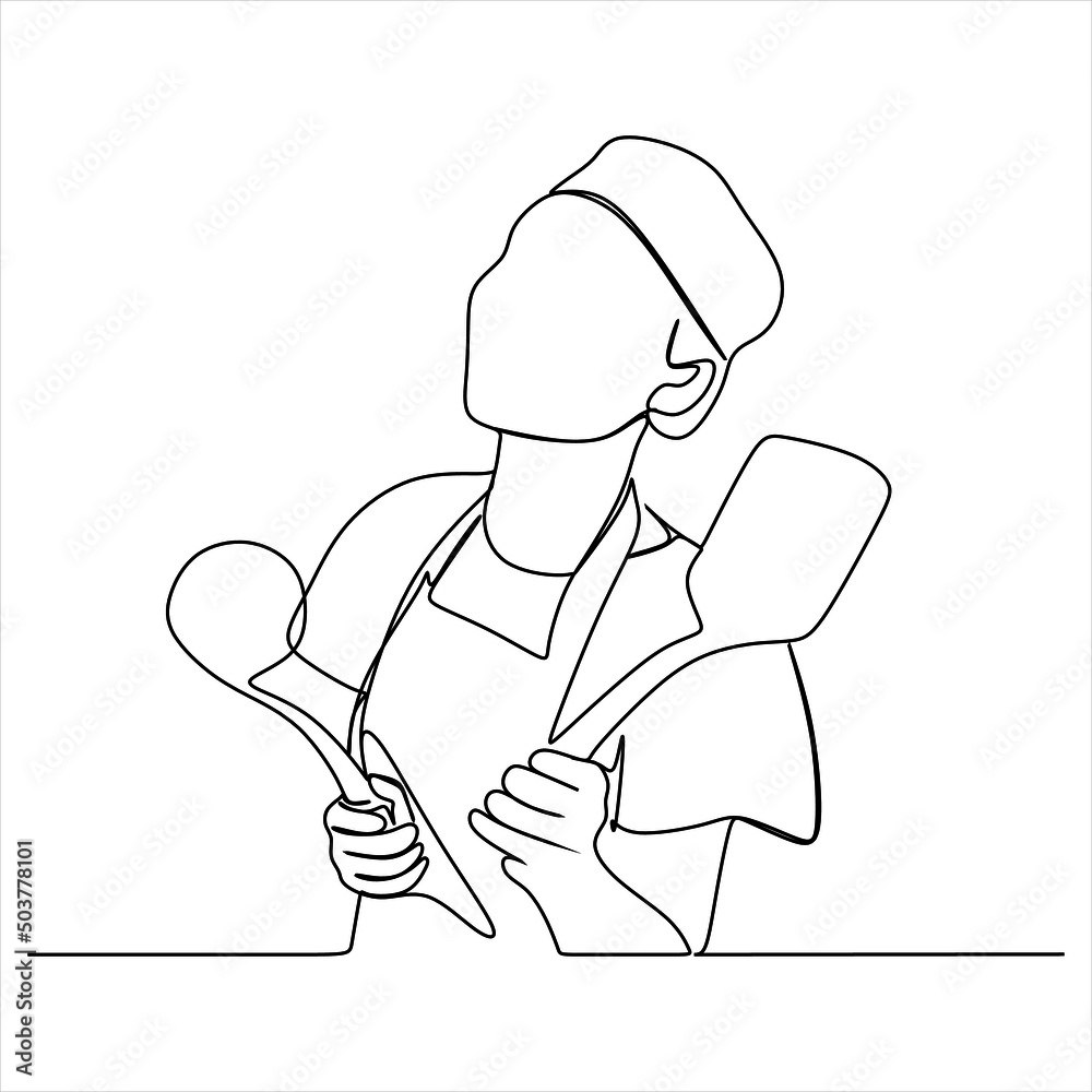 Naklejka premium continuous line drawing of chef cooking cook a gourmet concept vector illustration.