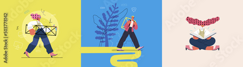 Startup illustrations set. Flat line vector modern concept illustration of people, startup metaphor. Concept of building new business, planning, strategy, teamwork and management. Company processes