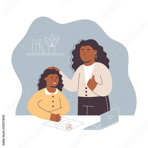 Happy mom showing thumb up hand to praise smiling daughter. . Mother helps little schoolgirl daughter with homework, praises, supports