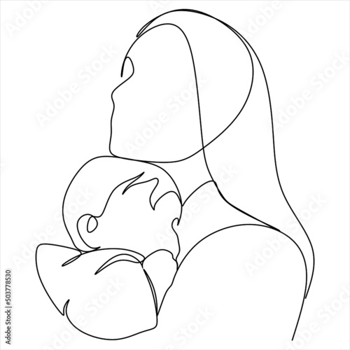 Abstract mother with a child in continuous one line drawing art style. Mother`s Day card. Woman hugging her baby. Happy motherhood concept. Modern vector illustration