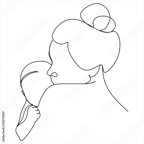 Abstract mother with a child in continuous one line drawing art style. Mother`s Day card. Woman hugging her baby. Happy motherhood concept. Modern vector illustration