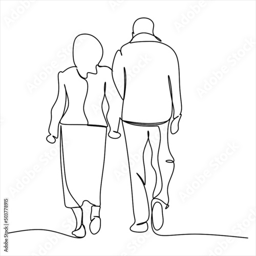 Elderly couple in continuous line art drawing style. Senior man and woman walking together holding hands. Minimalist black linear sketch isolated on white background. Vector illustration
