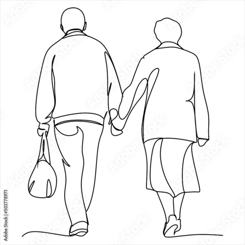 Elderly couple in continuous line art drawing style. Senior man and woman walking together holding hands. Minimalist black linear sketch isolated on white background. Vector illustration
