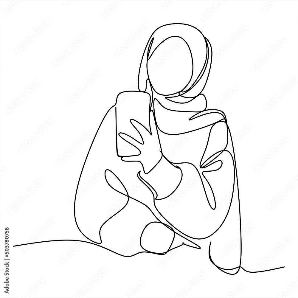 continuous single drawn one line Muslim girl student talks by phone drawn by hand picture silhouette. Line art
continuous single drawn one line Muslim girl student talks by phone drawn by hand picture silhouette. Line art