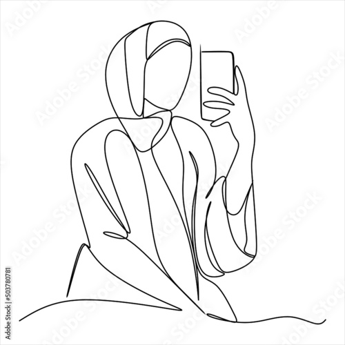 continuous single drawn one line Muslim girl student talks by phone drawn by hand picture silhouette. Line art
