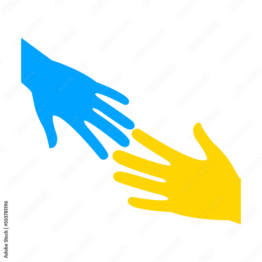 Two outstretched hands. Blue and yellow arms. Help Ukraine voluntary symbol. Help and teamwork concept in national Ukrainian colors. Vector isolated on white. Two outstretched hands. Blue and yellow arms. Help Ukraine voluntary symbol. Help and teamwork concept in national Ukrainian colors. Vector isolated on white.