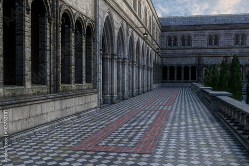 Long straight tiled walkway in a large palace courtyard garden. 3D illustration.