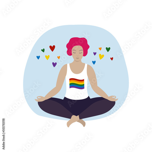 Queer yoga. Person sitting in lotus position. LGBTQ community lifestyle.