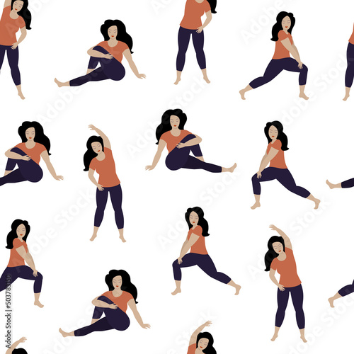 Seamless pattern with women doing stretching exercises. 