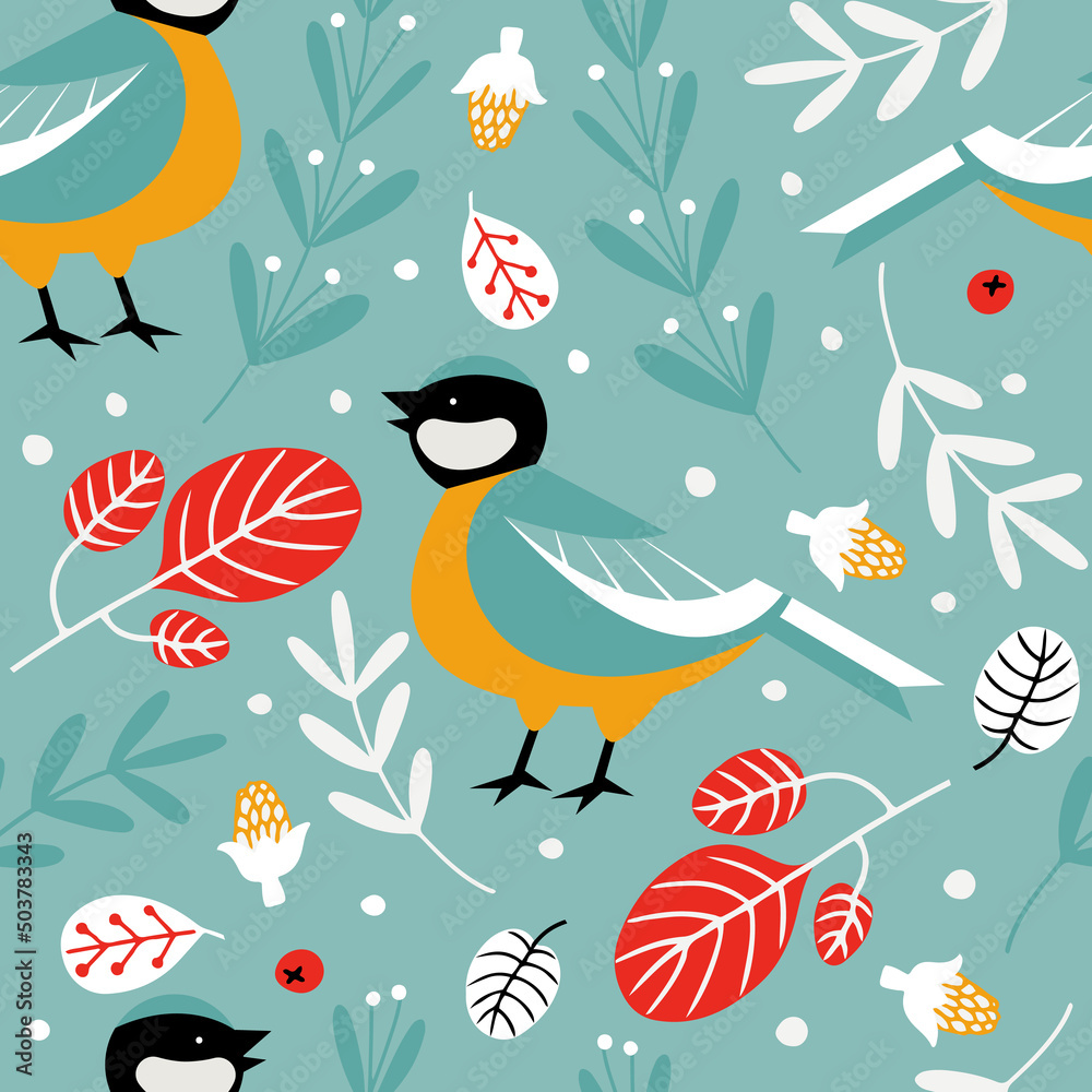 Hand drawn vector seamless pattern with cute little blue tit birds