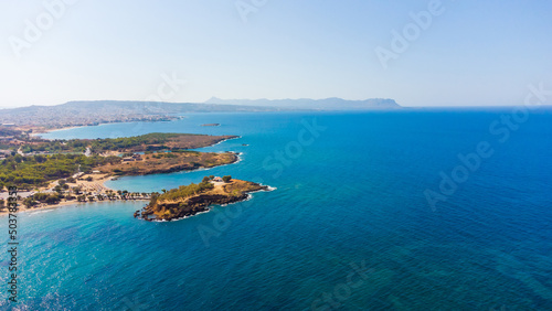 Panoramic aerial view from above of the city of Chania, Crete island, Greece. Landmarks of Greece, beautiful venetian town Chania in Crete island. Chania, Crete, Greece.