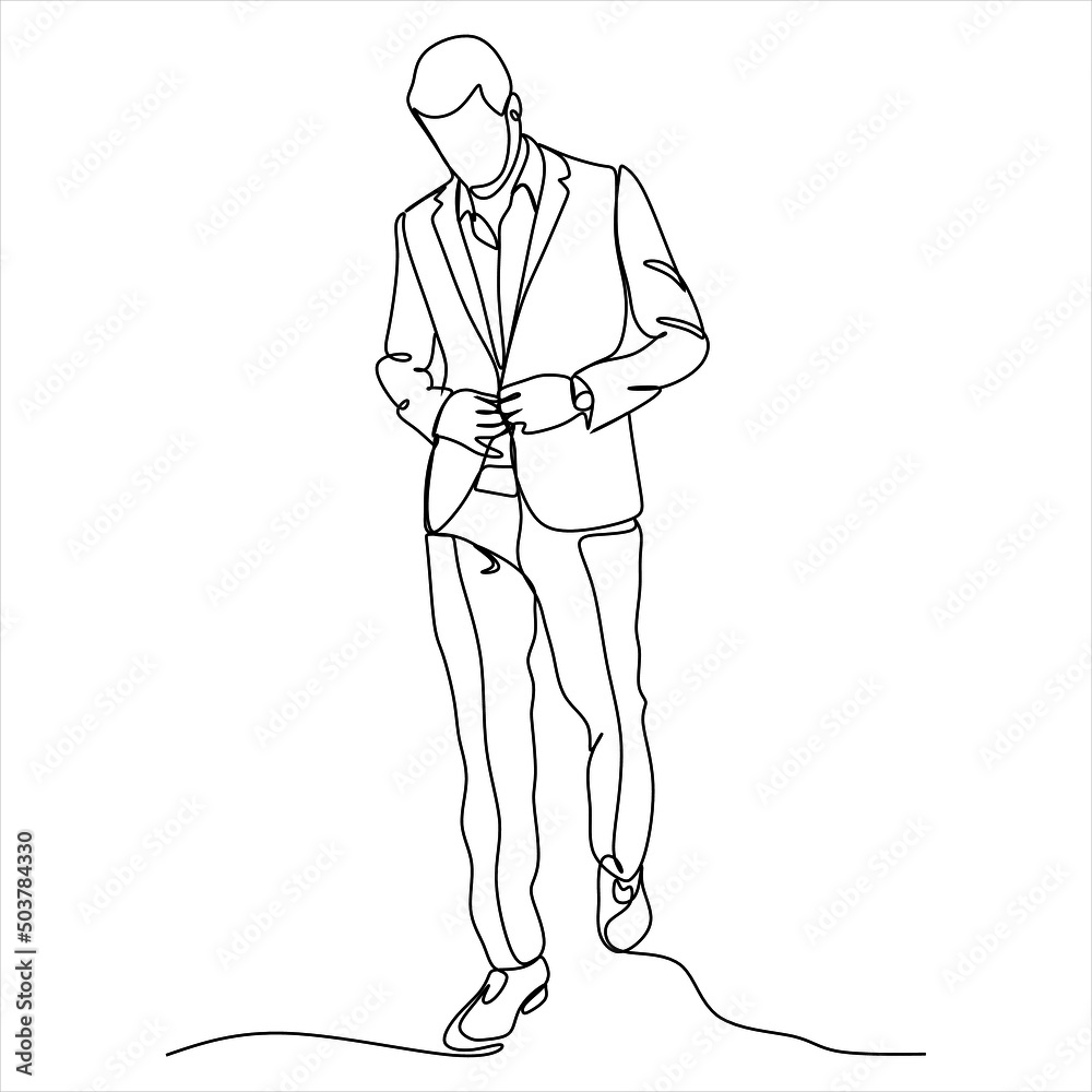 The man is thoughtful, in a suit. Office man. Businessman. full growth. One line. Drawing
