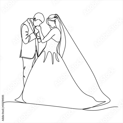 one continuous drawn line wedding drawn from the hand picture silhouette. line art. The characters of the bride and groom of the husband and wife are married