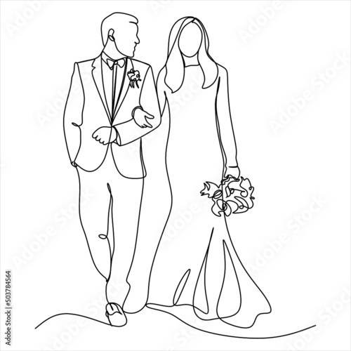 one continuous drawn line wedding drawn from the hand picture silhouette. line art. The characters of the bride and groom of the husband and wife are married