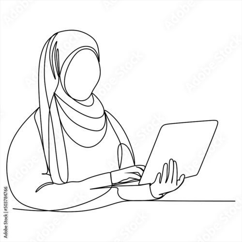 continuous line drawing of professional young muslim business woman using mobile digital tablet computer work and writing work plan on personal notebook isolated on white background
