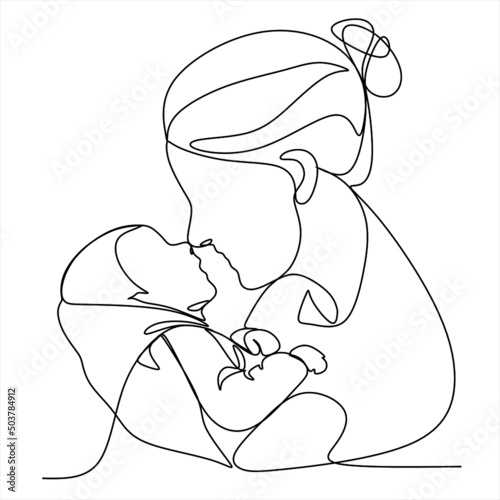 Abstract mother with a child in continuous one line drawing art style. Mother`s Day card. Woman hugging her baby. Happy motherhood concept. Modern vector illustration