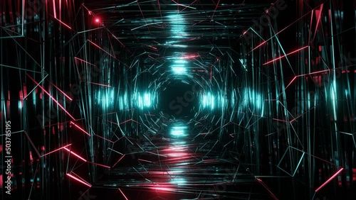 4k 3D animation. Flight in abstract sci-fi tunnel seamless loop. Futuristic motion graphics, high tech background. Time warp portal, lightspeed hyperspace concept. Glowing hi tech texture. Cyberpunk