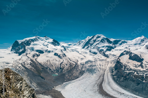 Gorner Glacier with Switzerland's highest peak Monte Rosa (4.634 m) and Lyskamm (4.533 m) near Zermatt