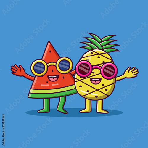 Cute cartoon watermelon and pineapple embracing each other, cartoon watermelon and pineapple in summer holiday, Vector cartoon illustration