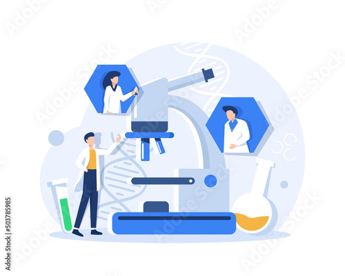 Chemical laboratory research. Vaccine discovery concept. Scientists with flasks, microscope and computer working on antiviral treatment development