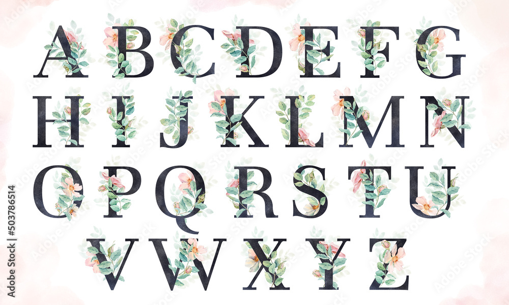 Floral alphabet of black letters decorated with pink flowers and light green leaves. The illustrations are hand drawn in watercolor, isolated on a white background. For postcards, wedding invitations.