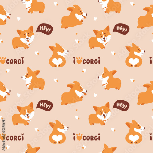 Corgi seamless pattern. Cute and happy welsh corgi puppies and hand drawing letterings. Funny dog characters. Vector background.