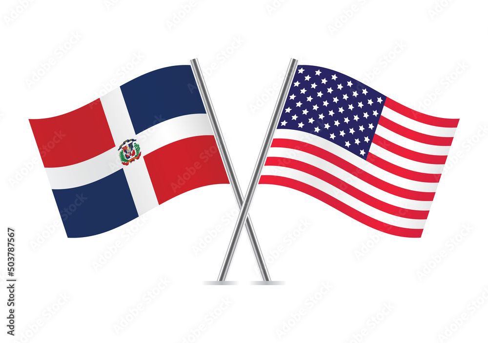 The Dominican Republic and America crossed flags. Dominican and American flags on white background. Vector icon set. Vector illustration.