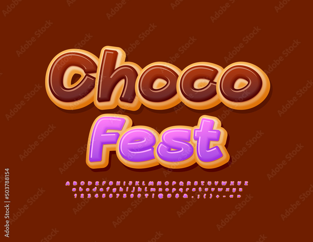 Vector bright Banner Choco Fest. Handwritten Font. Delicious set of Alphabet Letters and Numbers