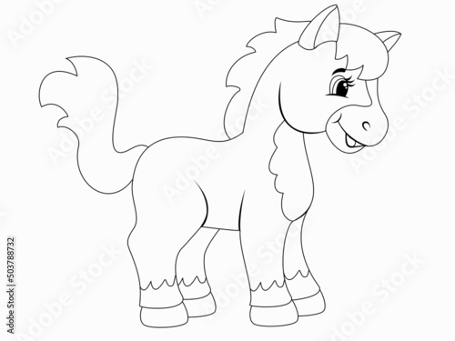 Spotted pony, isolated character. Raster, page for printable children coloring book.