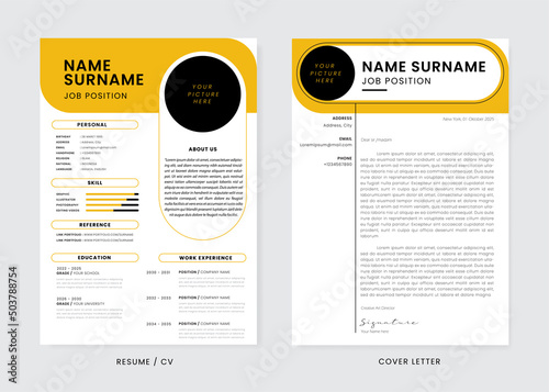 Minimalis CV Resume and Cover Letter Design Template. Super Clean and Clear Professional Modern Design. Stylish Minimalis Elements and Icons with Black and Orange Color - Vector Template.
