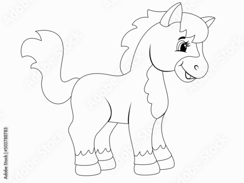 Spotted pony, isolated character. Vector, page for printable children coloring book.