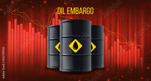 Concept of oil embargo with falling chart. Concept of digital stock market trading and falling supplies on oil and gas. Oil embargo. Gradual refuse. Vector 3d illustration.