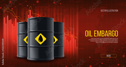 Concept of oil embargo with falling chart. Concept of digital stock market trading and falling supplies on oil and gas. Oil embargo. Gradual refuse. Vector 3d illustration.