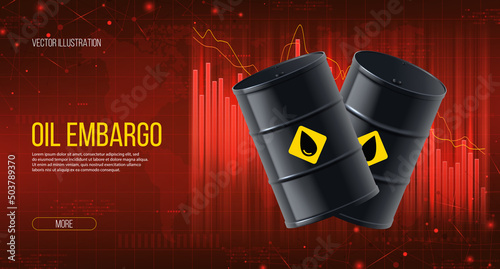 Concept of oil embargo with falling chart. Concept of digital stock market trading and falling supplies on oil and gas. Oil embargo. Gradual refuse. Vector 3d illustration.