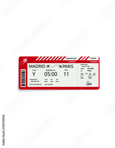 Diseño de billete de avión realista con nombre de pasajero. ilustración vectorial
