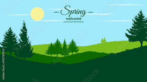 Vector illustration. Spring or summer. Flat style landscape. Blue sky with clouds and sun. Field with silhouette trees and grass. Design for wallpaper, background, banner, touristic card.