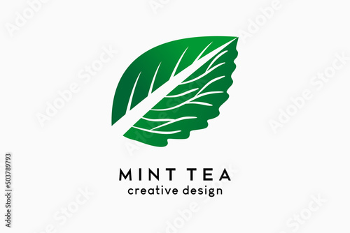 Mint tea logo design, tea leaf icon combined with mint leaf icon in one leaf concept. Vector logo illustration for beverage or herbal business.