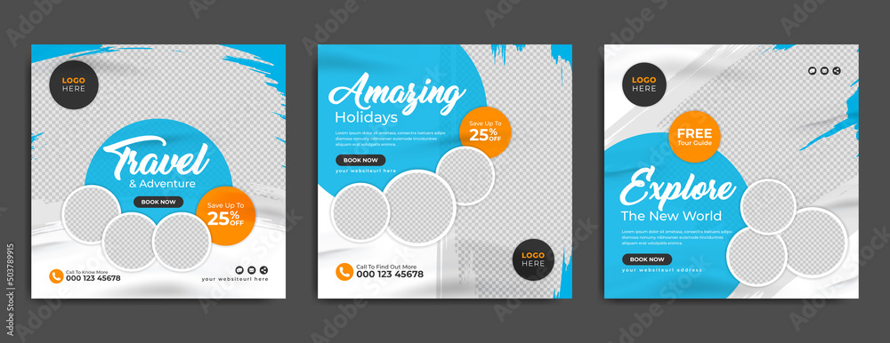 Tour and travel social media banner post template for traveling business marketing. Summer beach holiday promotion web poster with abstract background. Online travel sale flyer with agency logo & icon - obrazy, fototapety, plakaty 