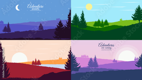 Vector illustration in flat style. Set of abstract vector landscapes. Natural silhouettes of tree. Design for background, wallpaper, banner, tourism card. 