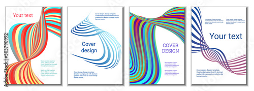 A set of 4 abstract covers. Wavy parallel gradient lines, ribbons evolve. Cover design, background. Trendy banner, poster.